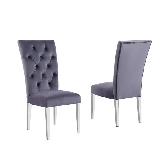 Modern Velvet Upholstered Dining Chair Set of 6, Tufted Back Kitchen Side Chair with Chrome Legs, Gray