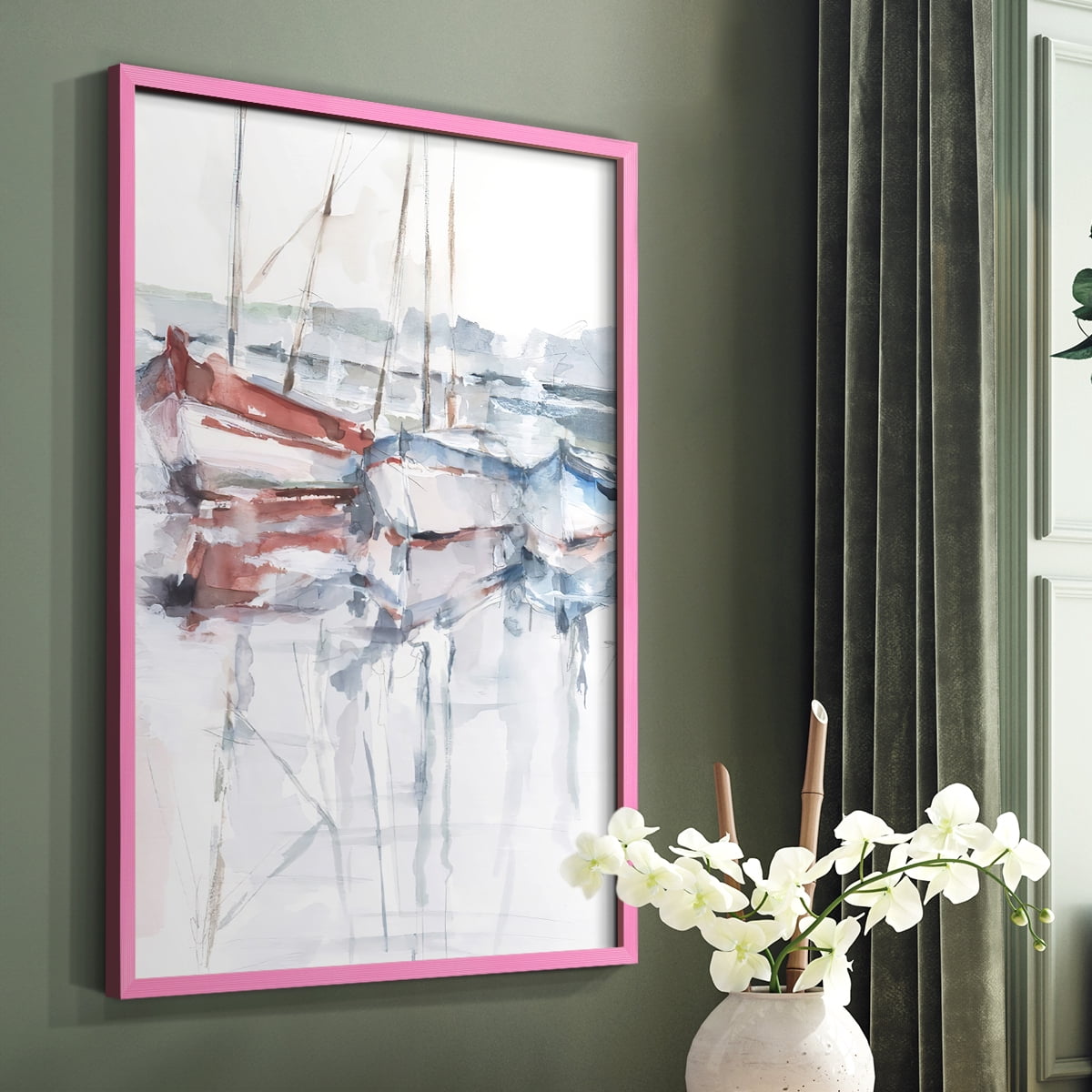 Watercolor Harbor Study II Framed Print in Pink Solid Wood 8 x 10 Framed Print