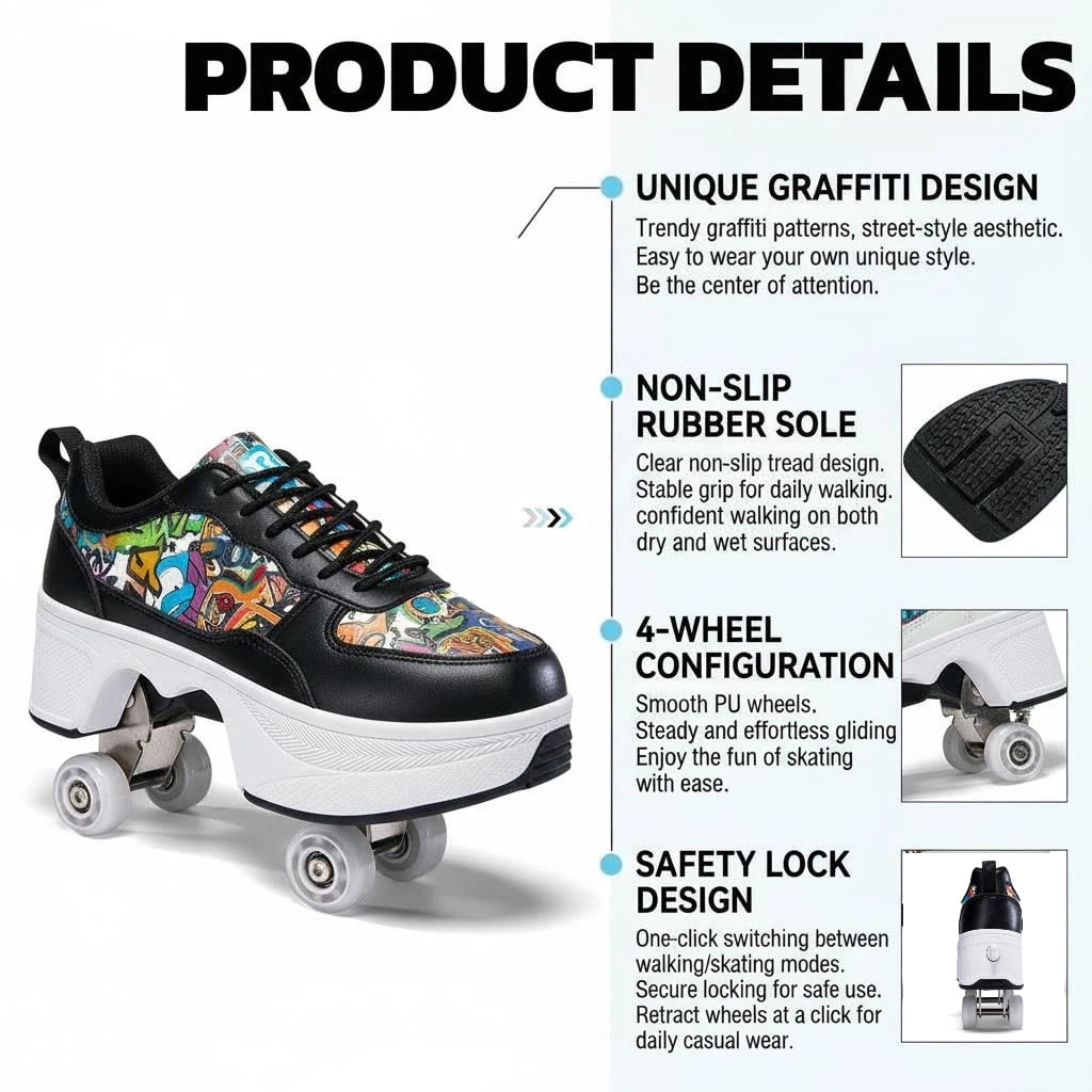 CZV Women's & Teens Graffiti Print Four-Wheel Convertible Roller Skate Shoes,2-in-1 Roller Skates & Sneakers Unisex Retractable Wheels Indoor Outdoor Fun & Fitness Kick Roller Shoes