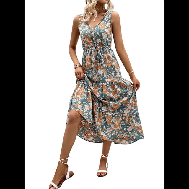Vestido de Verano para Mujer, Estilo Bohemio, Informal, con Lazo Frontal y Estampado Floral, para Playa y Verano. Azul Neblina L