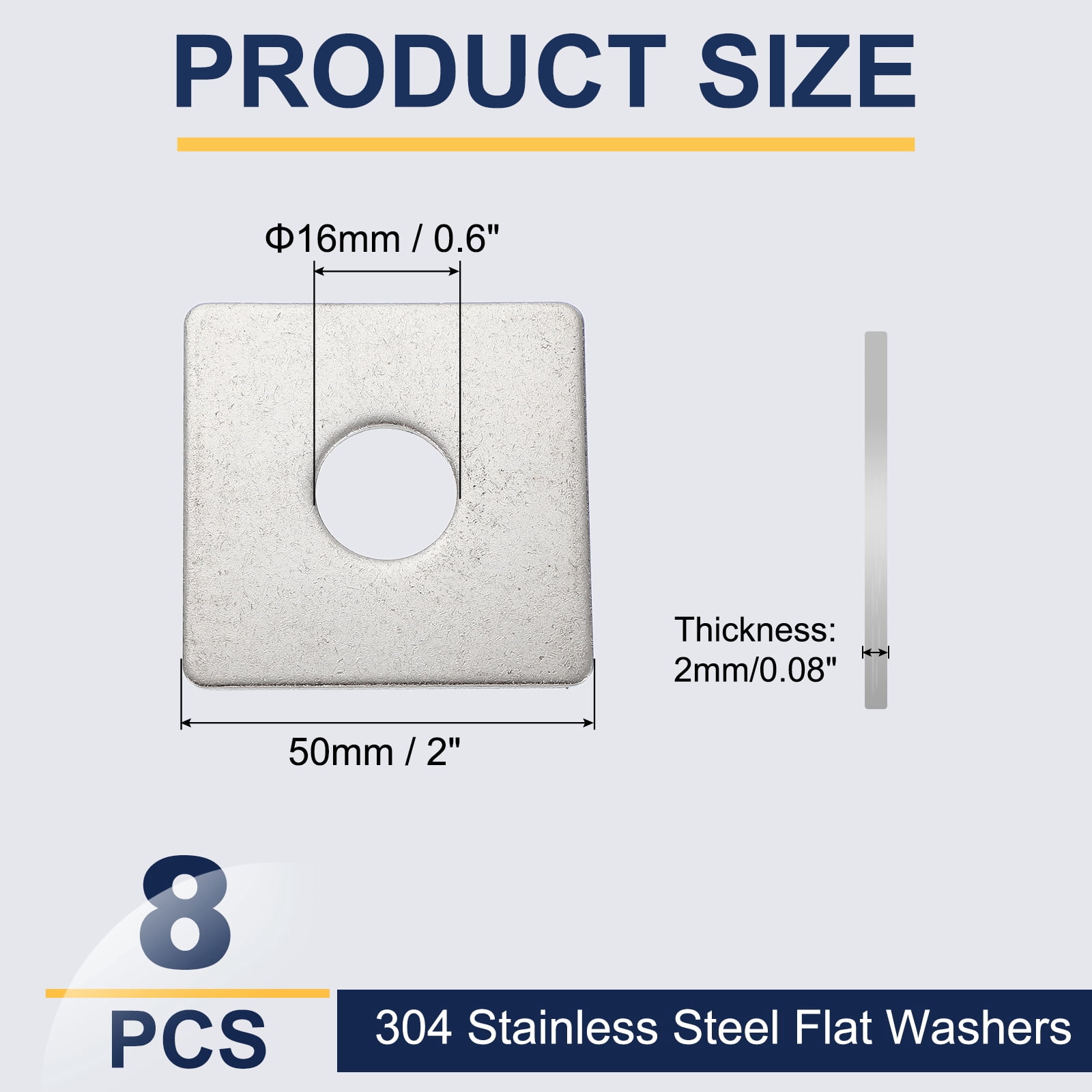 Uxcell 8 Pcs Flat Square Plate Washer, 16MM ID x 50MM OD x 2MM Thick 304 Stainless Steel Flat Pad Spacer Gasket for Bolts Factories Bathroom Repair Shops Construction, Silver