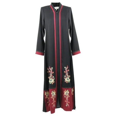 Hijaz Women's Floral Embroidery and Full Body Zipper Black and Red Abaya
