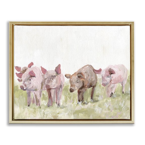 Stupell Industries Rustic Lodge Pink Baby Pigs Grazing Farm Grassland Pasture Gold Floating Frame Canvas Art, 31 x 25, by Kamdon Kreations