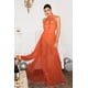 thumbnail image 2 of Vestido Bella Barnett Rivka, cuello halter, malla torcida, maxi naranja, 2 of 10