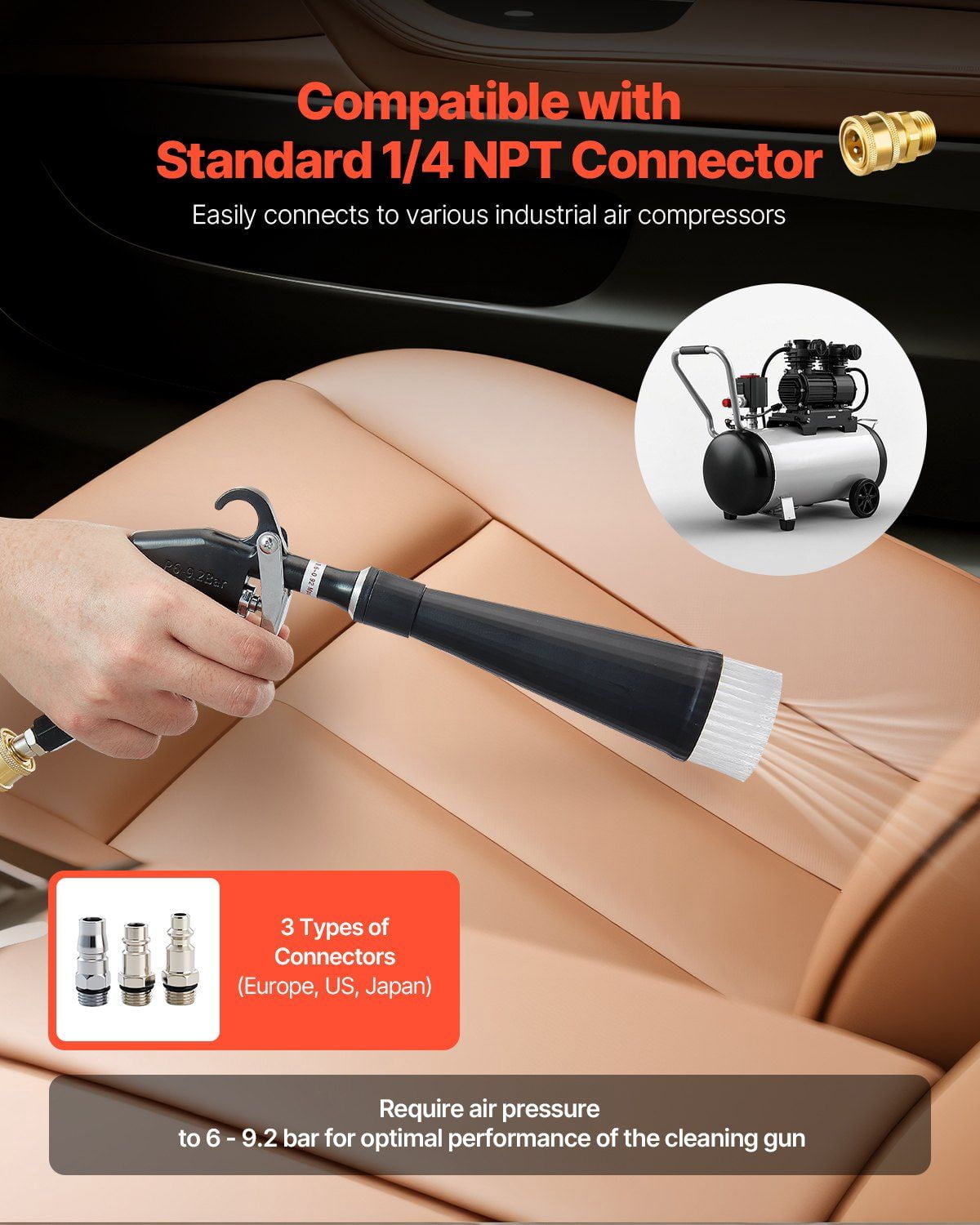 Car Cleaning Gun 6-9.2 Bar High-Pressure Air Blow Gun 2 Nozzles Blasts Dirt Dust
