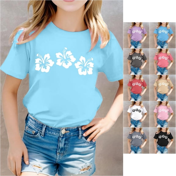 Trendfront Girls Hibiscus Flower T Shirt Tropical Hawaii Style Print Crewneck Short Sleeve Tee Summer Beach Holiday Clothes Casual Vacation Top