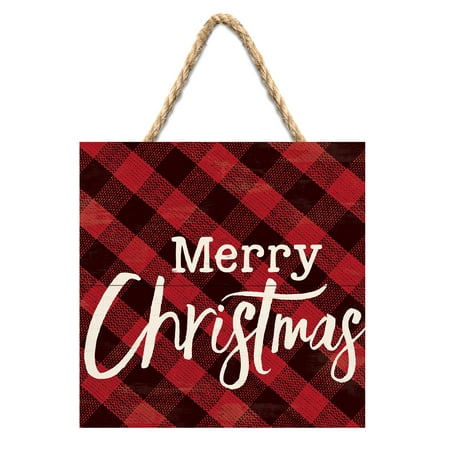 P. Graham Dunn Merry Christmas Red Plaid 7 x 7 Pine Wood Christmas Decorative String Sign