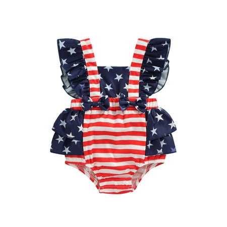 

Suanret Infants Girls Independence Day Romper Star Stripe Print Patchwork Bowknot Decoration Ruffle Sleeveless Triangle Jumpsuit Blue Red 9-12 Months