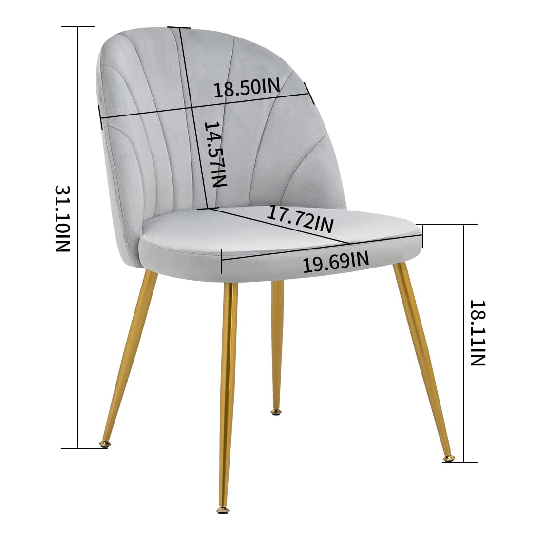 Newnno Velvet Modern Dining Chairs Set of 2, Upholstered Armless Accent Side Chair with Metal Legs for Kitchen Dining Room, Grey