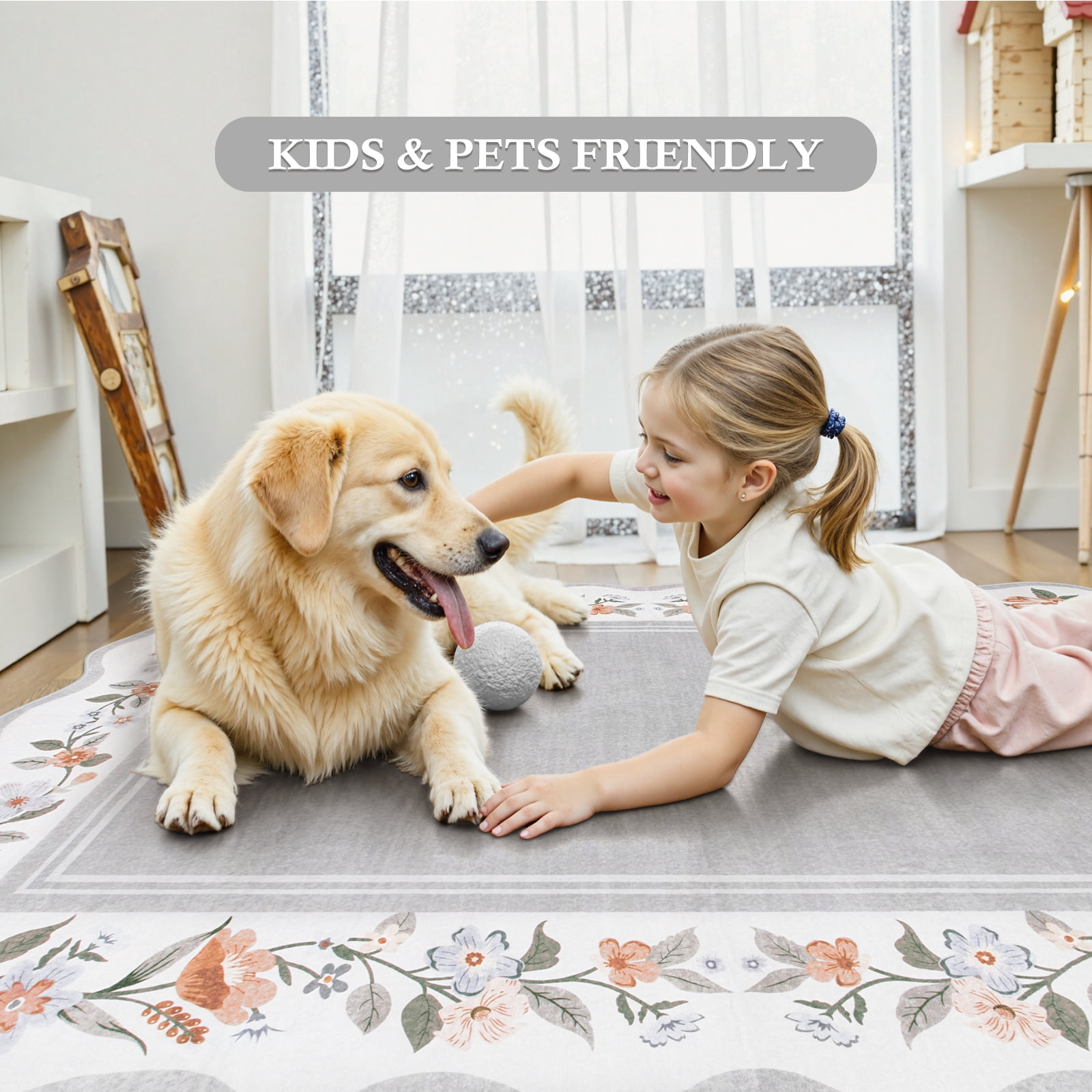Lahome 2'x3' Grey Boho Floral Washable Small Rug,Ultra-Thin Scalloped Rug, Non-Slip & Stain Resistant,Soft Low-Pile Mat for Kitchen, Bathroom, Bedroom Front Door Indoor Entrance (2x3ft,Grey)