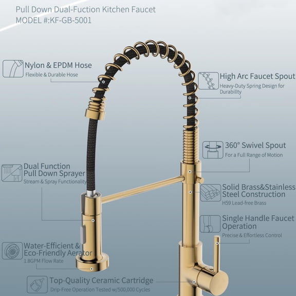 Kitchen Faucet, Brushed Gold Faucet for Kitchen Sink, Kitchen Sink Faucet with Pull Down Sprayer, Single Handle Stainless Steel Kitchen Faucets with Dual Function Spray Head