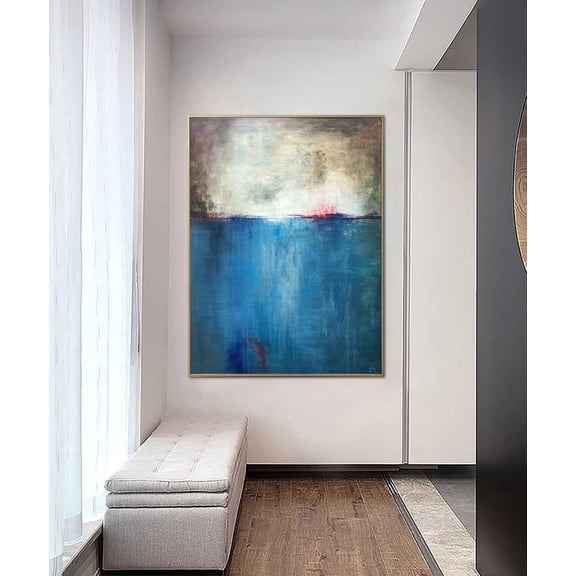 54x40" Large Abstract Landscape Painting on Canvas Blue Wall Art Hand Painted Art