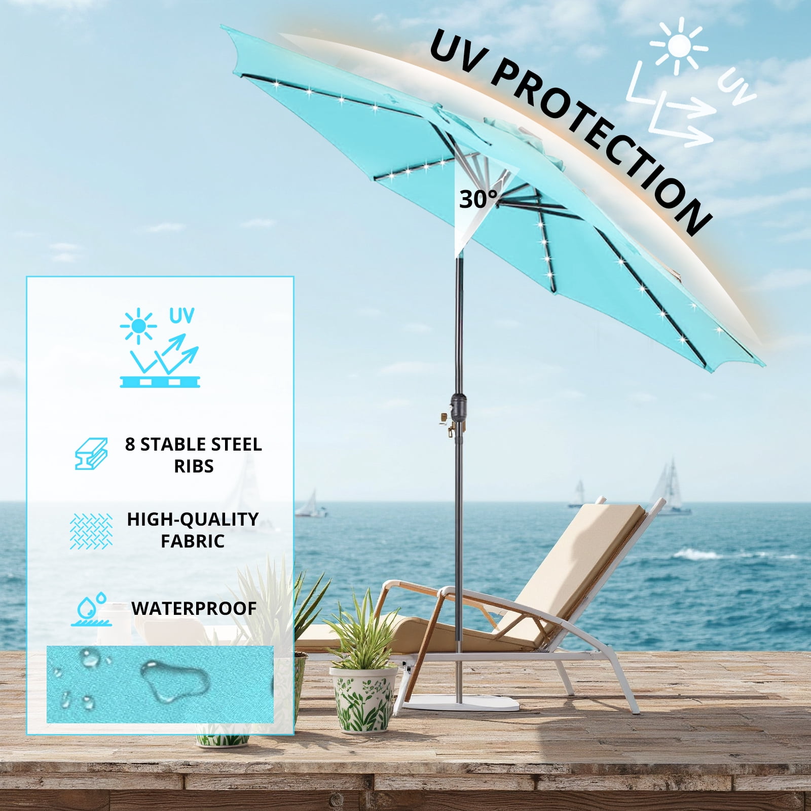 Betcozy Patio Umbrella with 32 LED Lights, 10FT Outdoor Solar Umbrellas with Push Button Tilt and Crank, 8 ribs, for Market, Beach, Pool,Garden, Deck, Blue