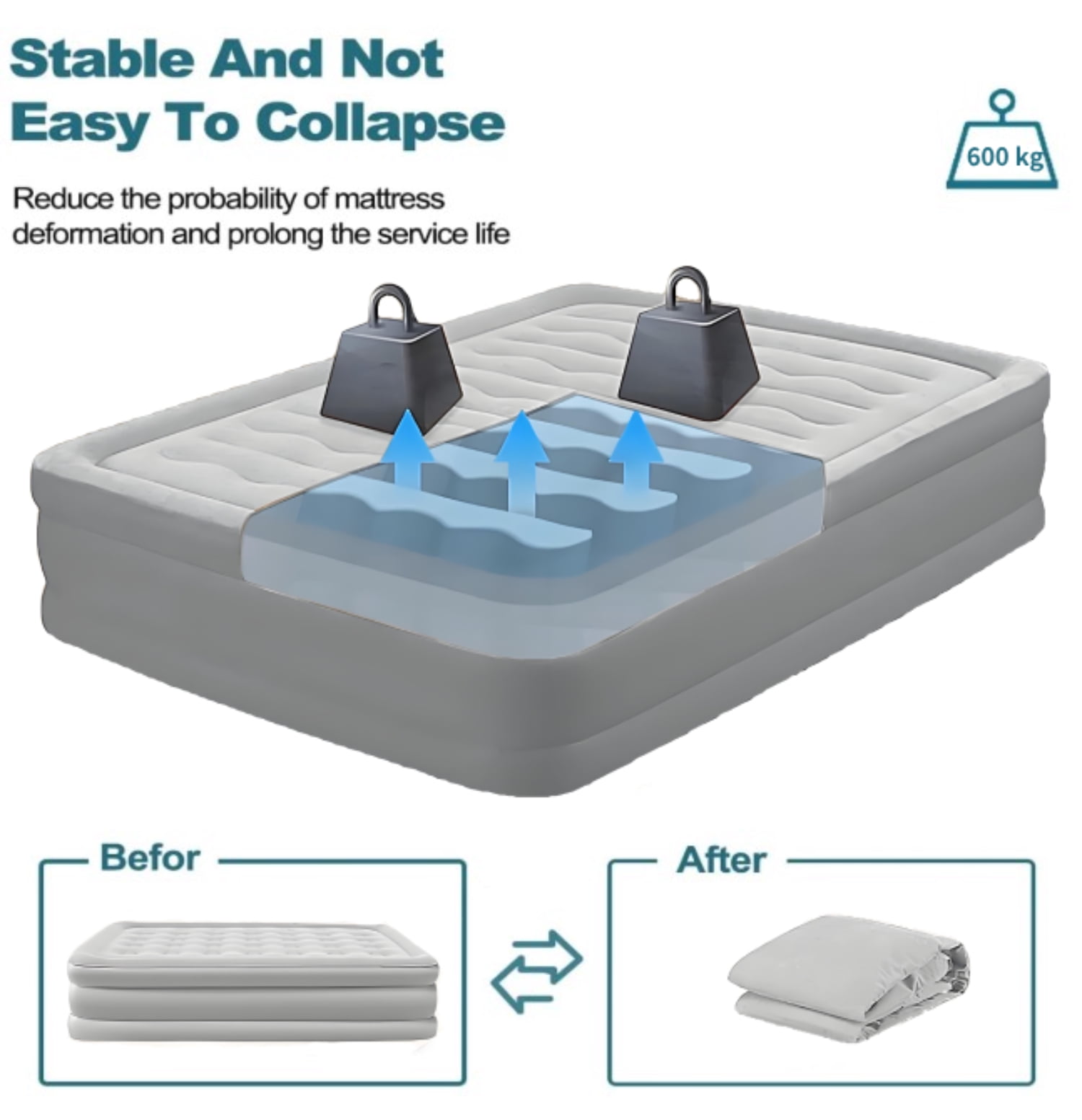 Air Mattress, Queen Airbed with Headboard, Airbed Inflatable Couch with Pump, For Guest Home Camping Travel, Grey