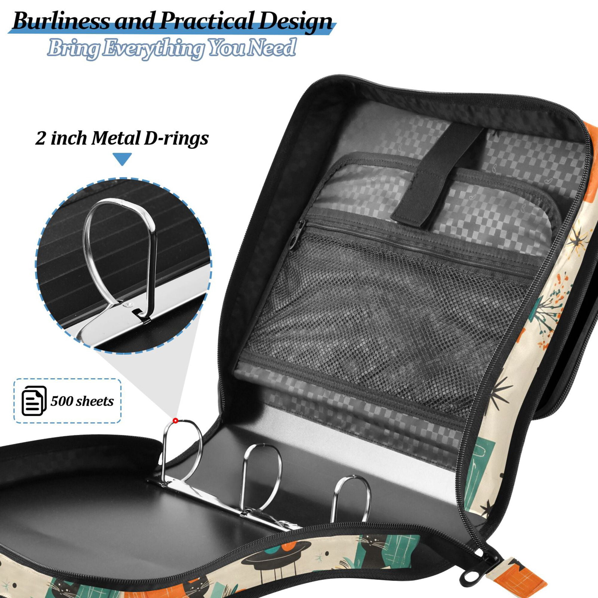 FORMRS Zipper Binder with Shoulder Strap 2-inch Ring 500 Sheet Capacity File Bag, Black Cats Reading