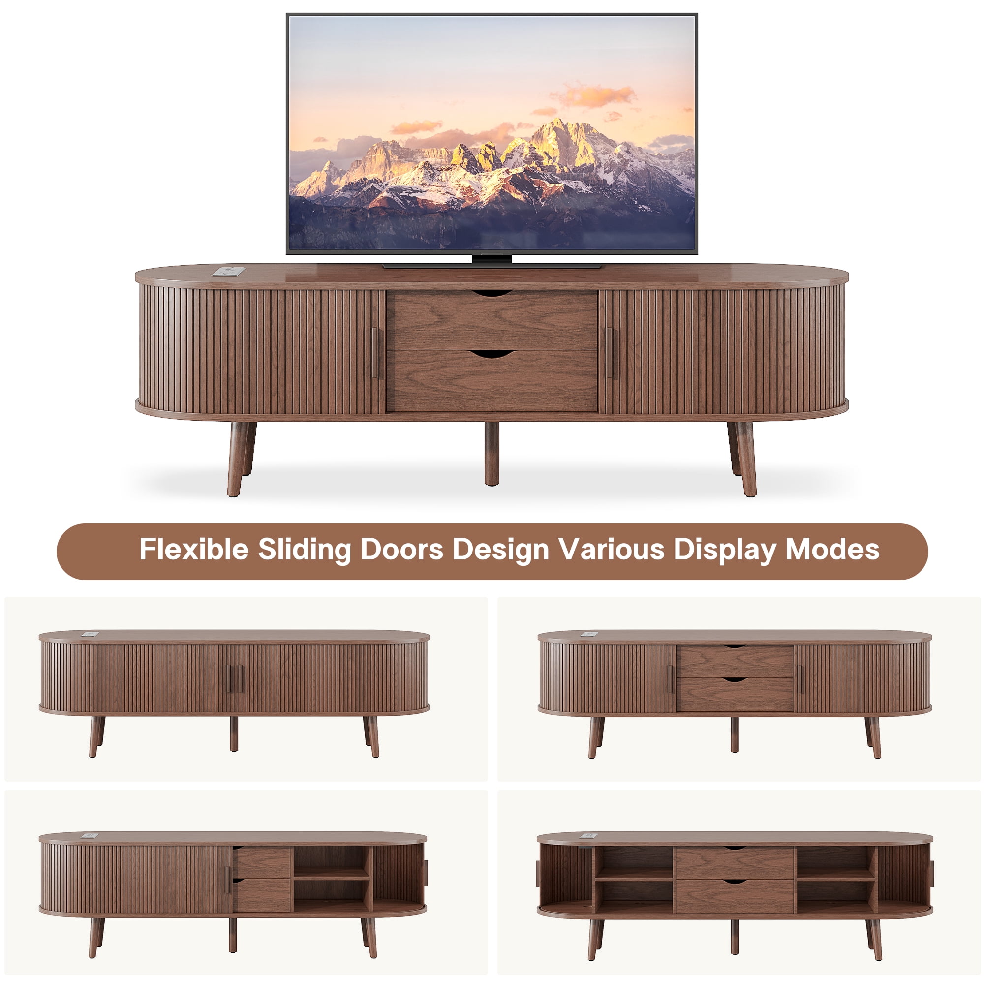 59" TV Stand with Charging Station and Drawers fit 40"- 65" TVs. Mid century Modern TV Stand, Wood Entertainment Center for Living Room and Bedroom, Media Console and Modern TV Console Table ,Walnut