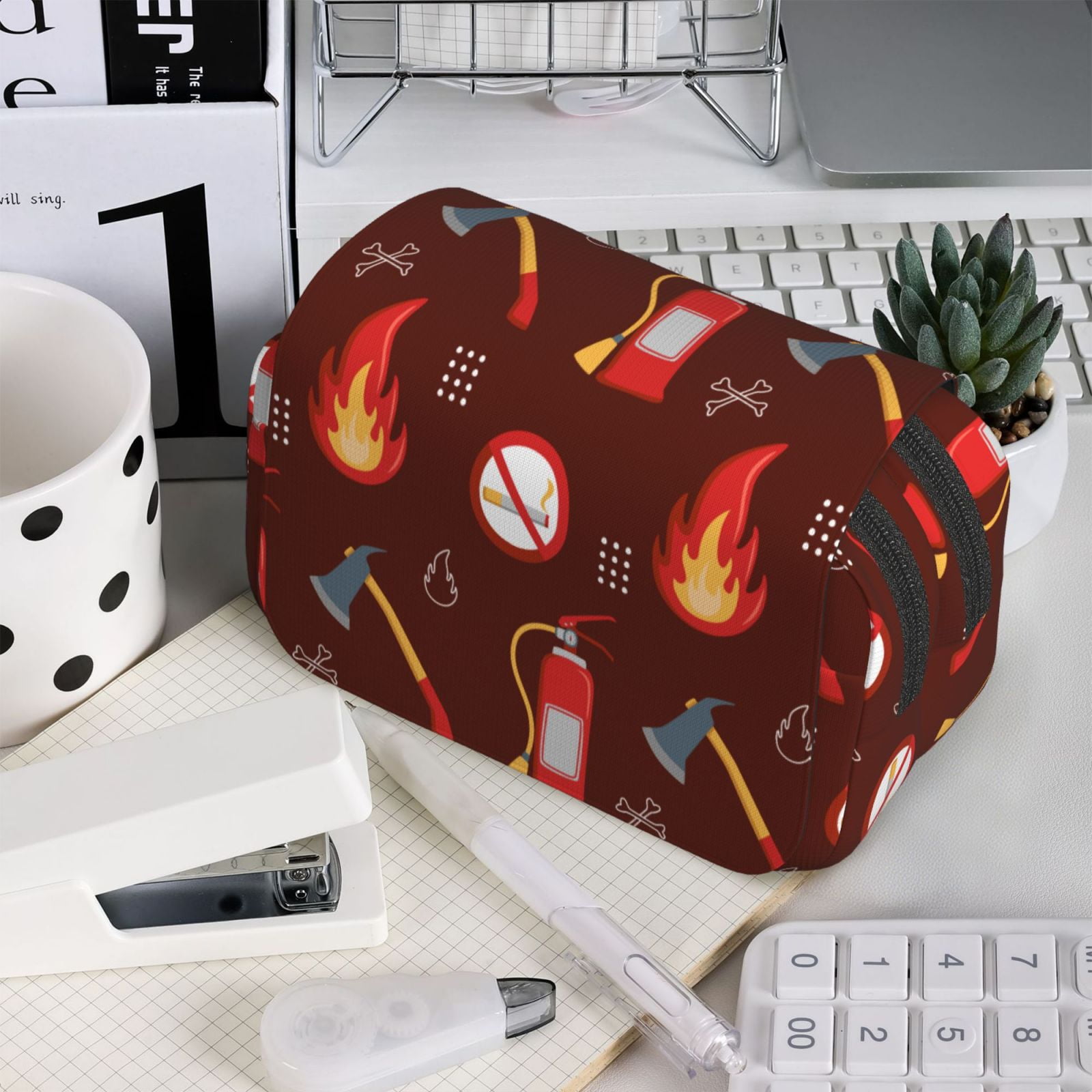 Rateoe Fire Extinguisher Pattern Double Clamshell Pen Case, Storage Organizer with Two Zipper Compartments– Holds Up to 50 Pencils & Pens