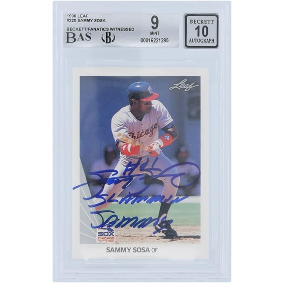 Sammy Sosa Chicago White Sox Autographed 1990 Leaf Series 1 #220 Beckett Fanatics Witnessed Authenticated 9/10 Rookie Card with "SLAMMIN SAMMY" Inscription - Fanatics Authentic Certified