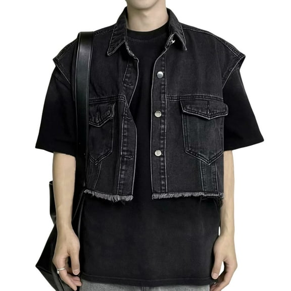 Bcfgryg Unisex Loose Fit Denim Vest Sleeveless Jacket For Casual Style Short Crop Top For Men And Women Men's Lightweight Jacket Black L