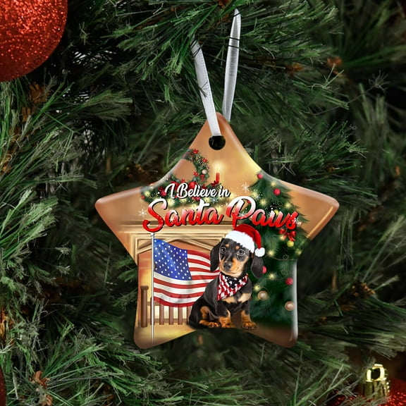 Ceramic Christmas Tree Ornaments, Dachshund Santa PawsHanging Ornament With Ribbon, Christmas Gifts - Star, 1 Pcs