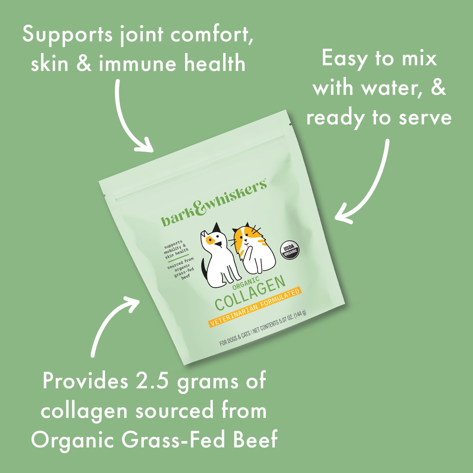 Bark & Whiskers Organic Collagen for Dogs & Cats, 5.07 oz. (144 g), Organic Grass-Fed Beef, Supports Mobility & Skin Health, Veterinarian Formulated, Non-GMO, Certified USDA Organic, Dr. Mercola