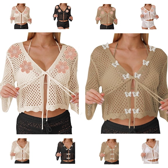Tqyyweavej Bathing Suit Crochet Coverups for Women Hollow Out Print Tie Front Beach Cover Up Solid Color Long Sleeve Loose Swimsuit Cover Up