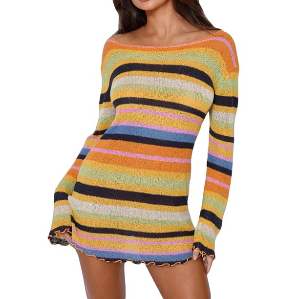 VISgogo Vestido de punto a la moda para mujer, color sólido/estampado a rayas, manga larga, cuello redondo, minivestido corto delgado VISgogo moda