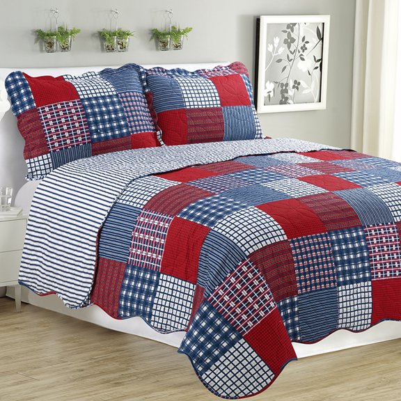 Melissa - 3 Piece Quilt bedspread Set queen & king size - Navy Checker