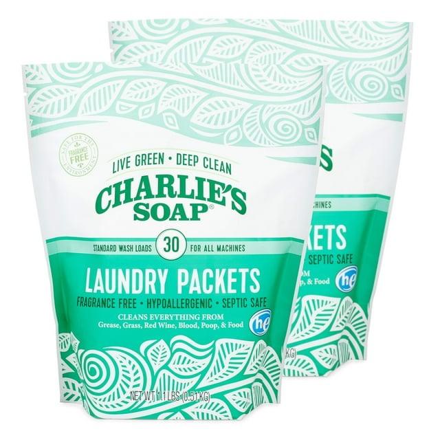 Charlie's Soap - Unscented Powdered Laundry Packets 30 Count (2 Pack 60 Total Loads)