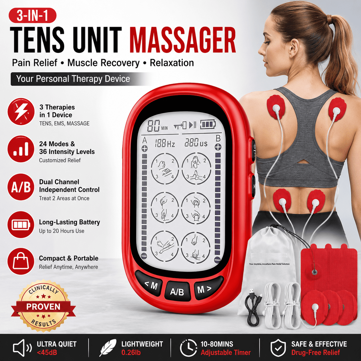 Mood light TENS Unit Rechargeable Muscle Stimulator EMS Dual Channel with 10 Reusable Electrode Pads 24 Modes for Back Neck Pain Muscle Therapy Pain Management Pulse Massager