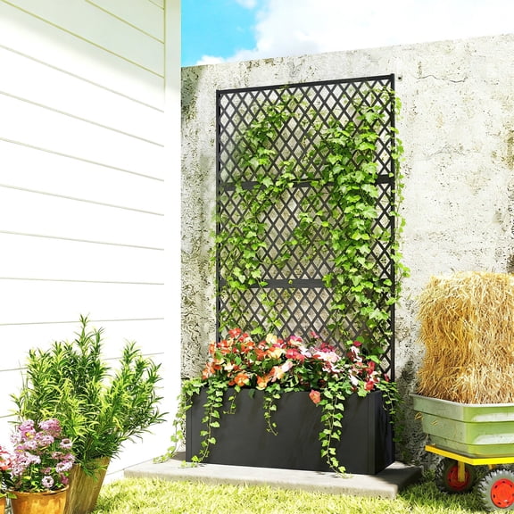 Metal Outdoor Planter Box with Trellis, Diamond Lattice Privacy Planter