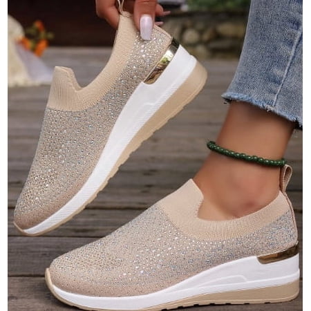 Rhinestone Slip On Sneakers for Women Breathable Sock Shoes Mesh Walking Shoes Comfortable Running Sports Shoes