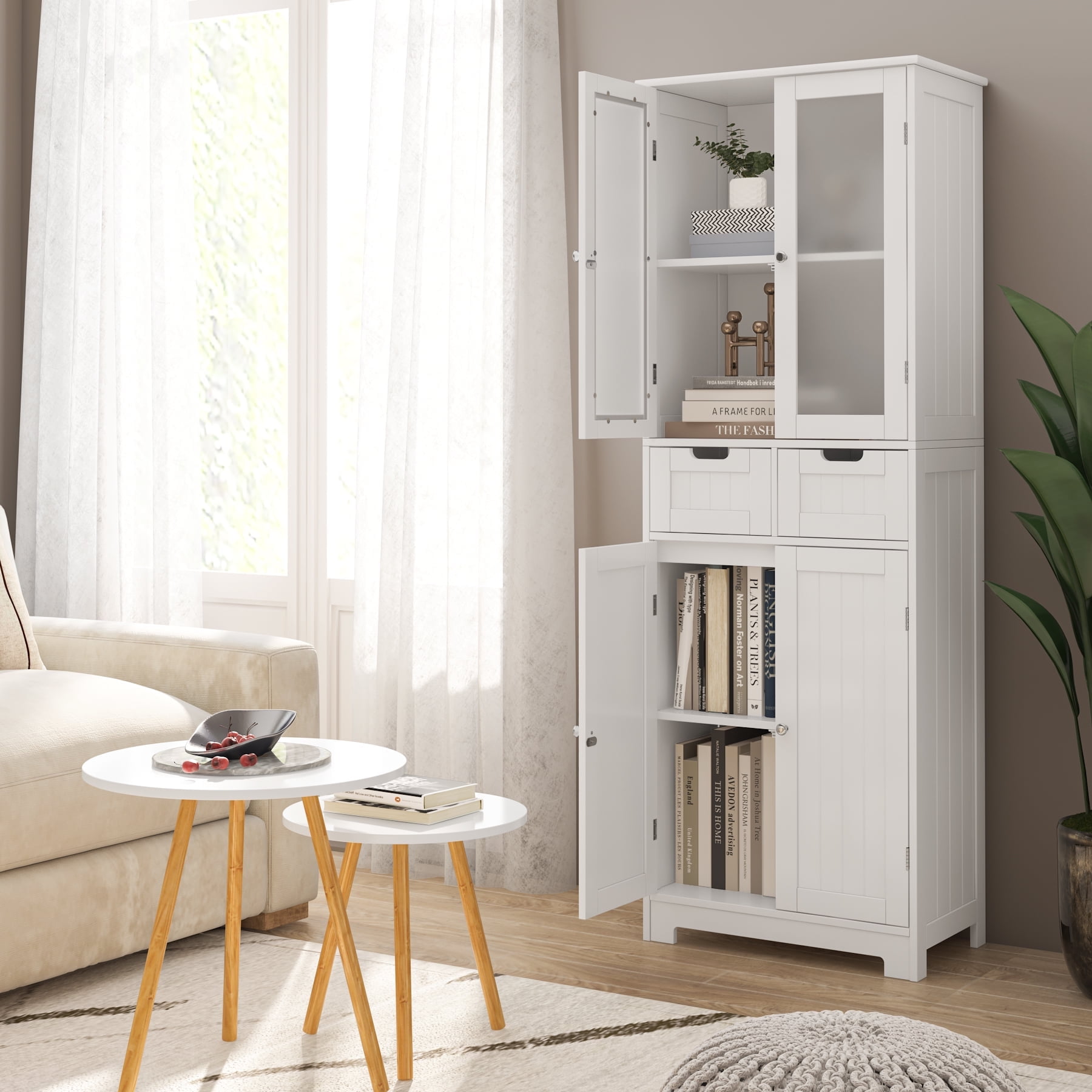 Homfa 2pcs Bathroom Cabinet with 4 Doors, 3-Tier Wood Tall Linen Storage Cabinet with 2 Drawers for Living Room Office, White