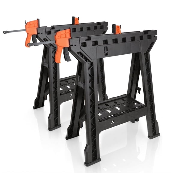 EHHLY Folding Saw Horses 2 Pack, Heavy Duty Clamping Sawhorse with 18" Removable Bar Clamps, 1000 LBS Capacity, Tool Tray & Cord Hooks