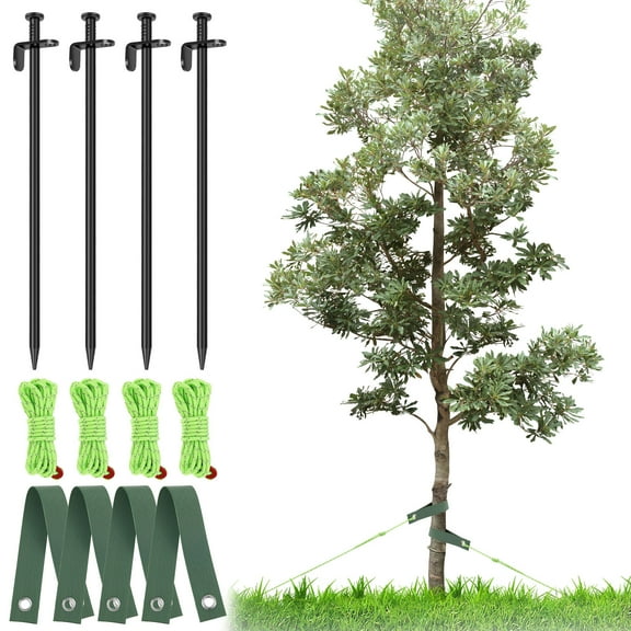 12 Pcs Tree Stake Kit for Leaning Young Trees Straightening Include 4 Pcs Straps 4 Pcs Metal Stakes and 4 Pcs Ropes Against Strong Wind Bad Weather