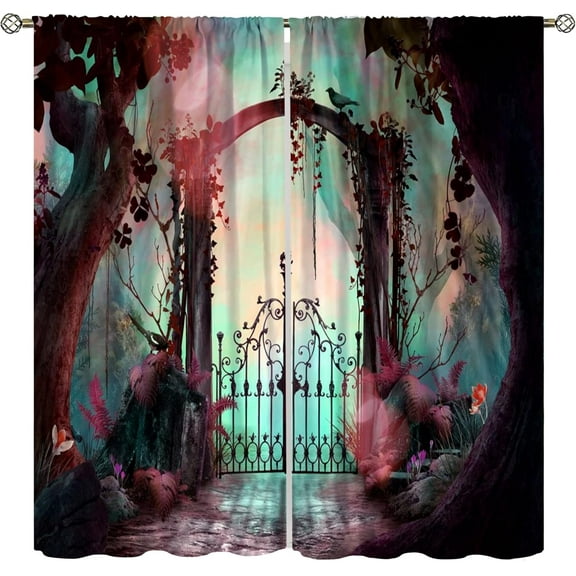 Fantasy Nature Curtains for Windows, Gothic Gate Fantasy Forest Theme Curtains for Living Room, Magic Dreamland Fairy Landscape Pattern Blackout Drapes 2 Panel Sets, 52x84 Inch