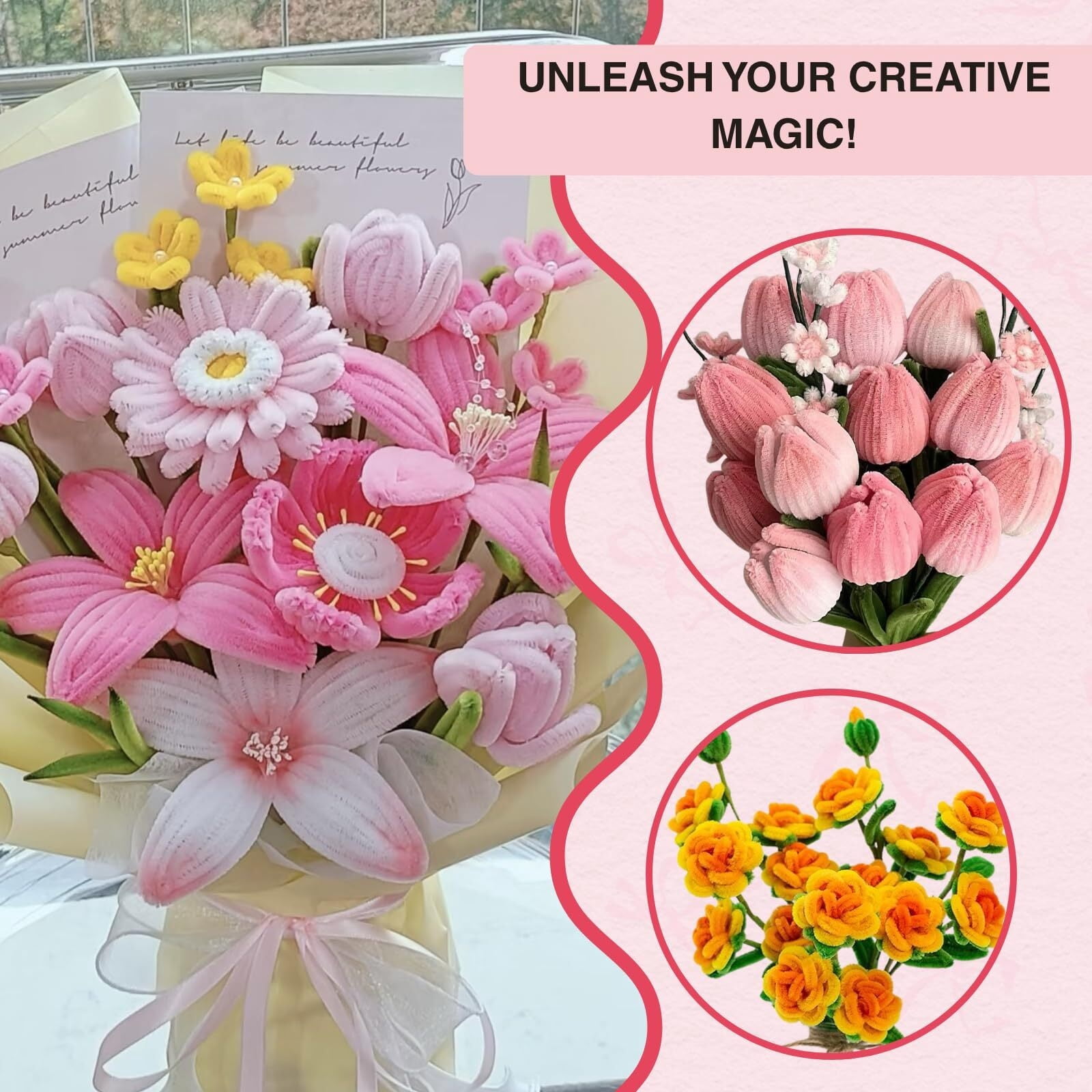 500Piece Pipe Cleaners Flowers Kit, Chenille Stems for DIY Flower Making, Crafts and Art Projects, Creative Holiday Decoration Supplies