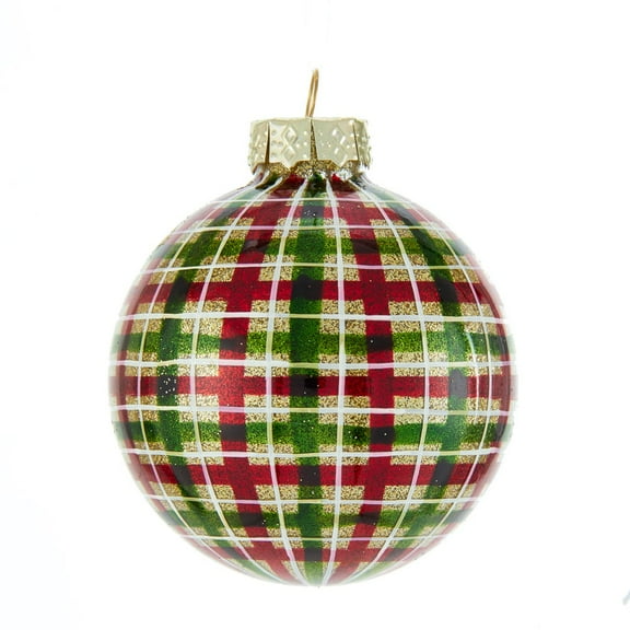 Kurt Adler Kurt S. Adler 80MM Red and Green Plaid Glass Ball, 6 Piece Box Ornament, Gold, White