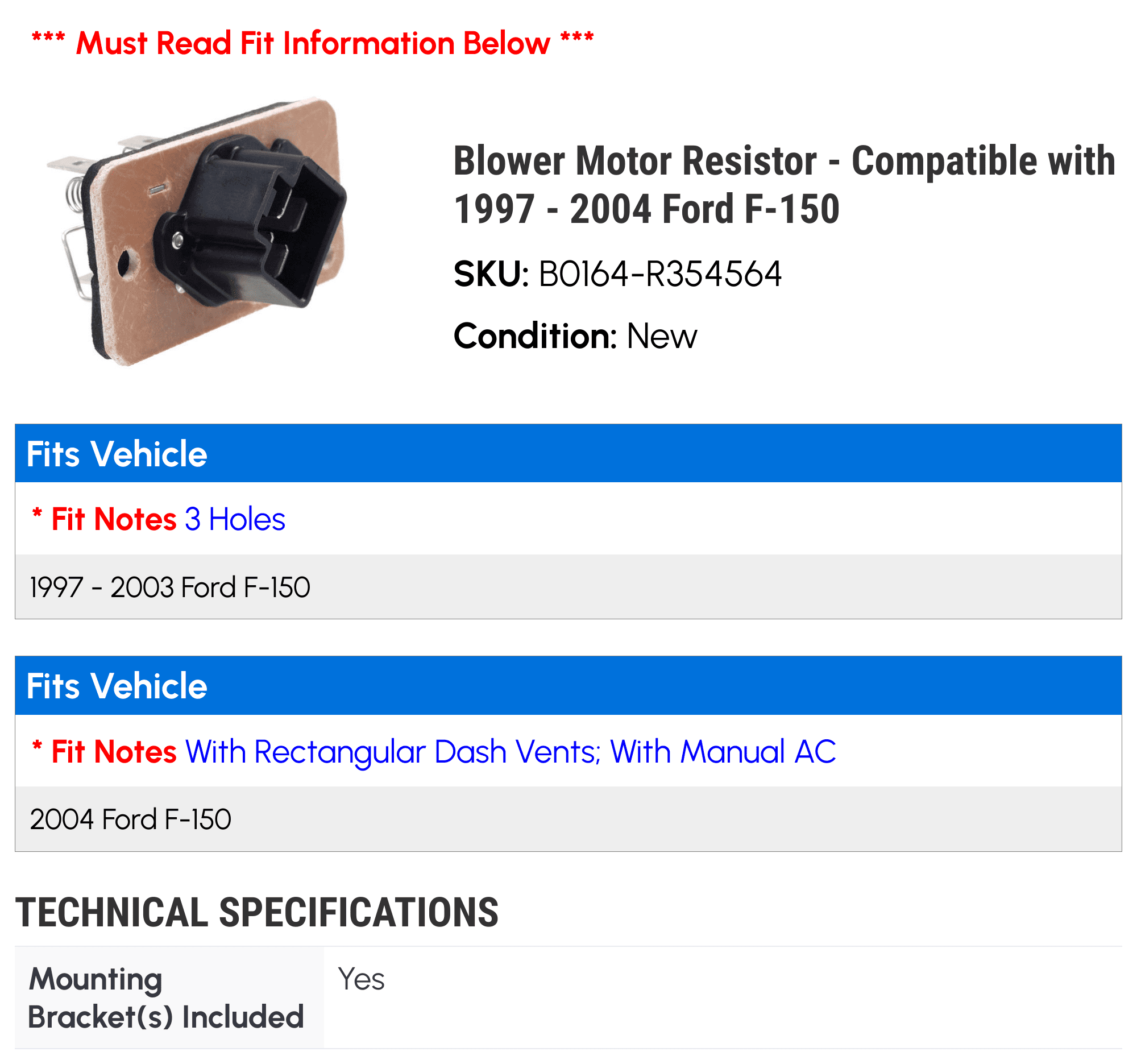 Blower Motor Resistor - Compatible with 1997 - 2004 Ford F-150 1998 1999 2000 2001 2002 2003