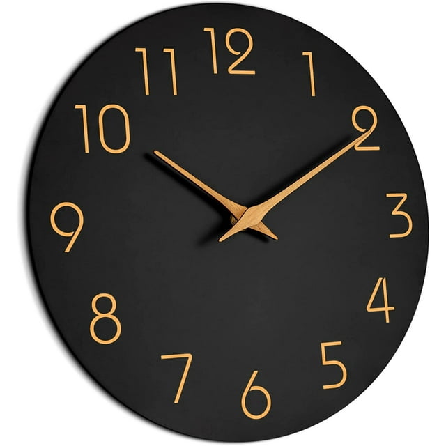 Reloj de pared moderno de 10 pulgadas, marco dorado con movimiento de cuarzo silencioso que no hace tictac, perfecto para comedor, oficina, hospital (negro)