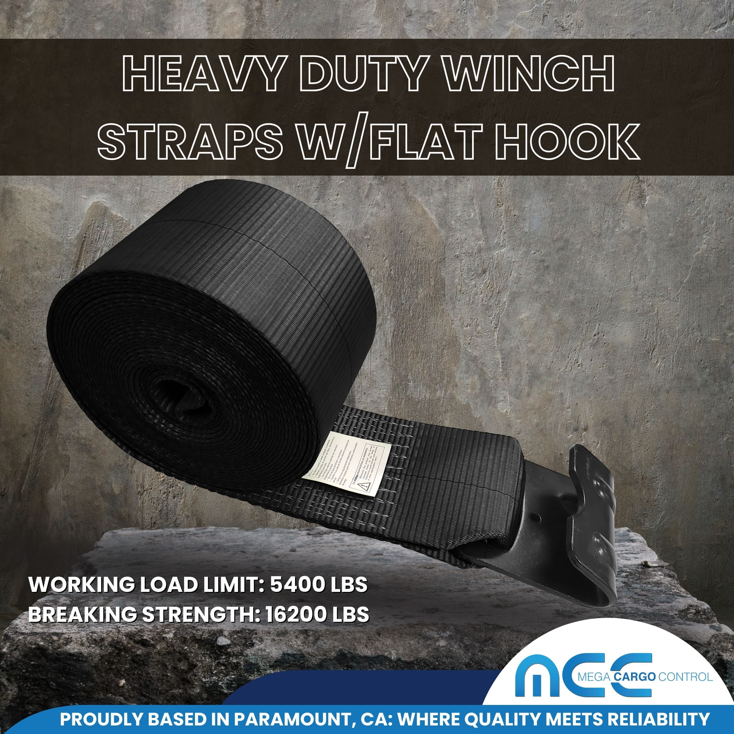 Mega Cargo Control Winch Tie Down Strap Heavy Duty Black Flat Hook 1-pack 4" x 40' Black