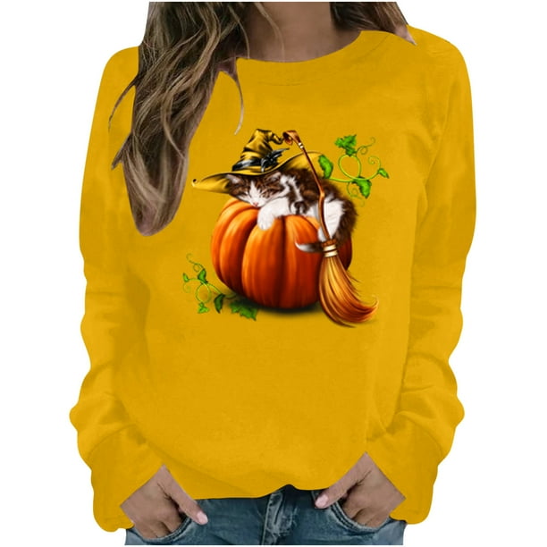 Camiseta suelta estampada a la moda para mujer, blusa de manga larga, cuello redondo, camisetas informales Pompotops FGAJ5520