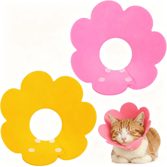 GASTROPOD 2 Pack Felt Cat Cone Collar Cute Flower Cone for Dogs to Stop Licking Comfortable Adjustable Cat Cones Collar Surgery Recovery Elizabethan Collars for Cats Kitten Puppy(Size M)