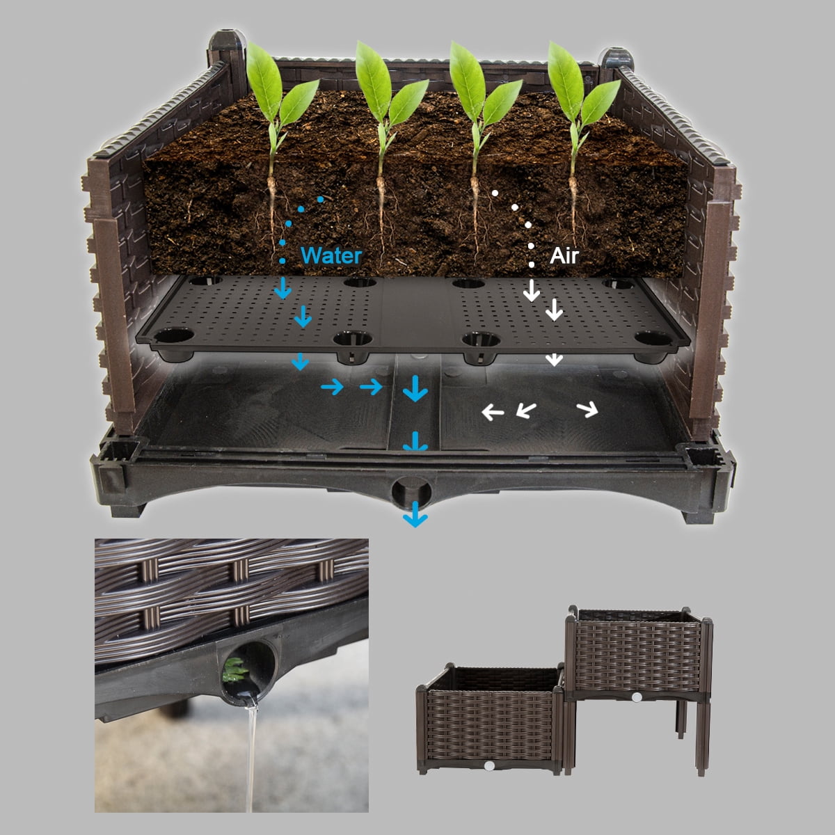 Barton 2-Piece Raised Garden Bed Planter Box with Self-Watering Design and Drainage Holes, Brown