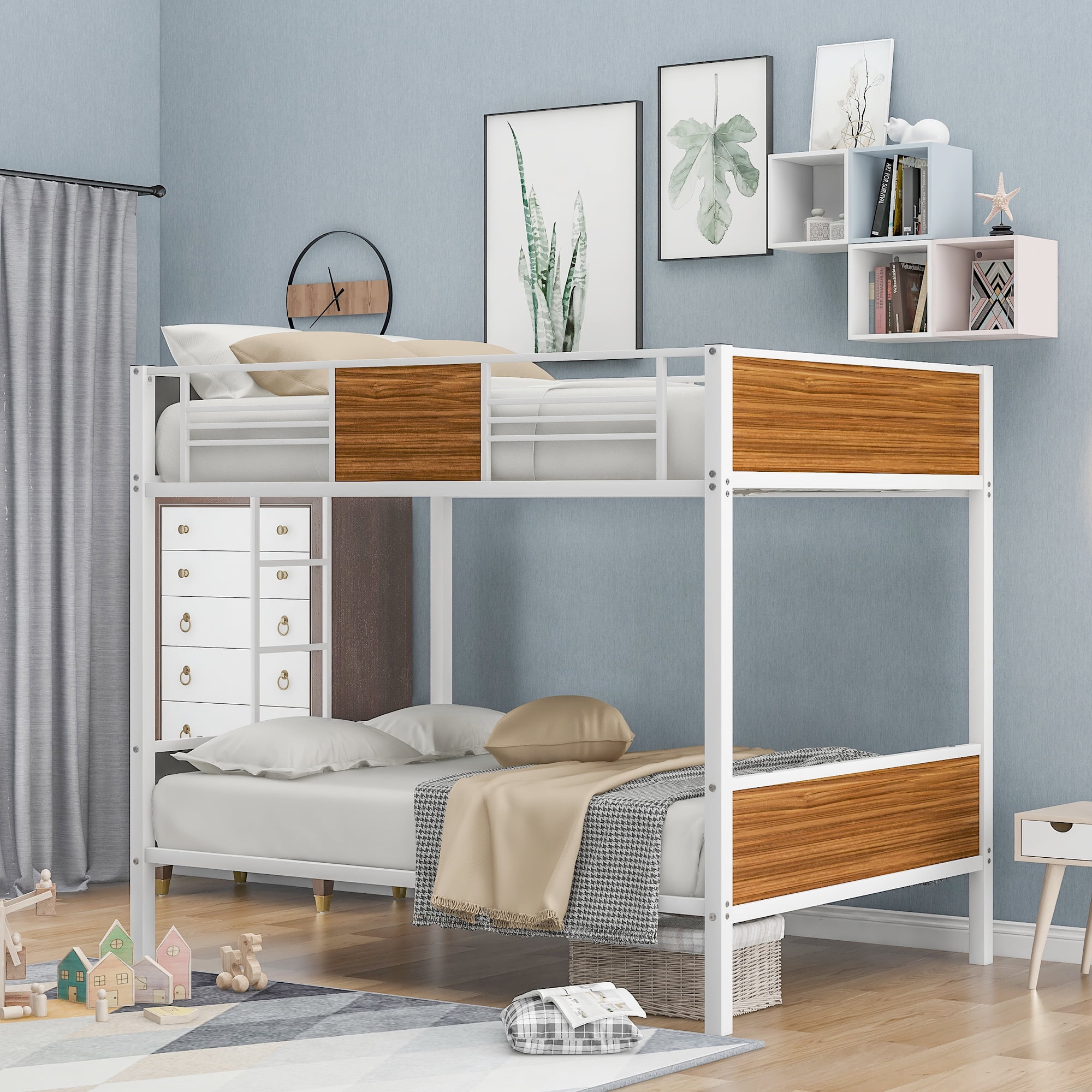 Kepooman Wood Bunk Bed Security, Full-Over-Full, White/Brown Kepooman Wood Bunk Bed Security, Full-Over-Full, White/Brown