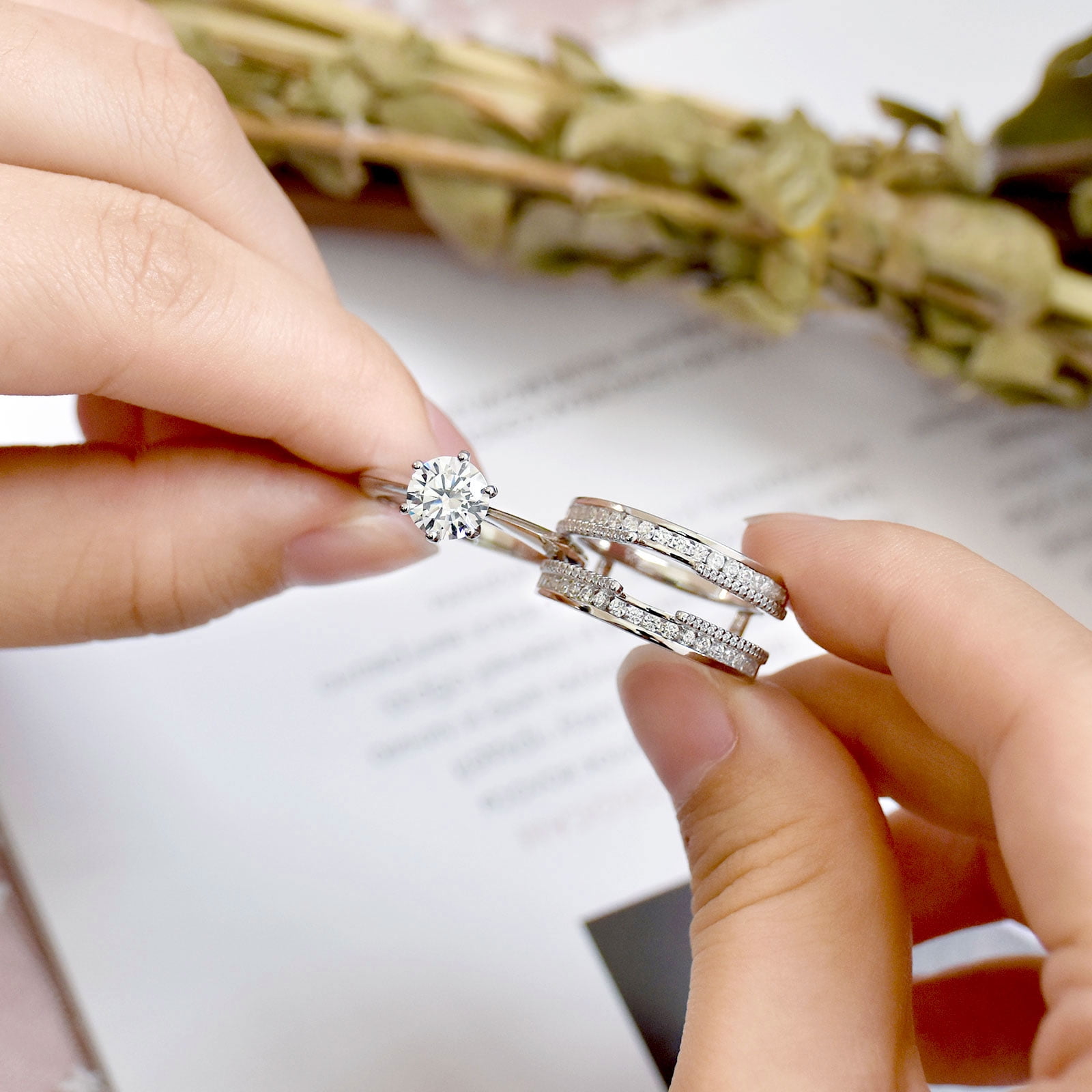 Newshe Jewellery Wedding Engagement Ring for Women 2CT AAAAA CZ Bridal Sets Wedding Band Ring Enhancer Round Cut 925 Sterling Silver Size 8