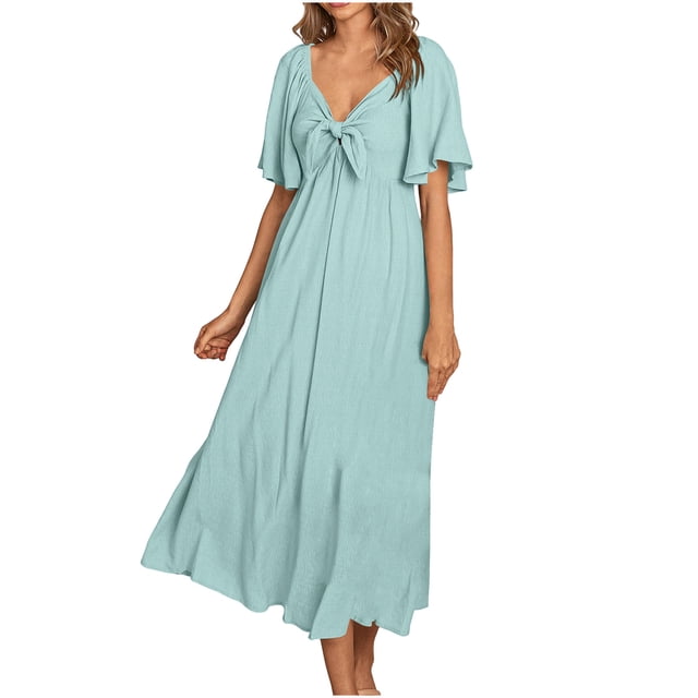 Bowake Robes d'Été pour Femmes 2024 Col en V Nœud devant Manches Courtes Robe Longue Fluide Ample Bohème Plage