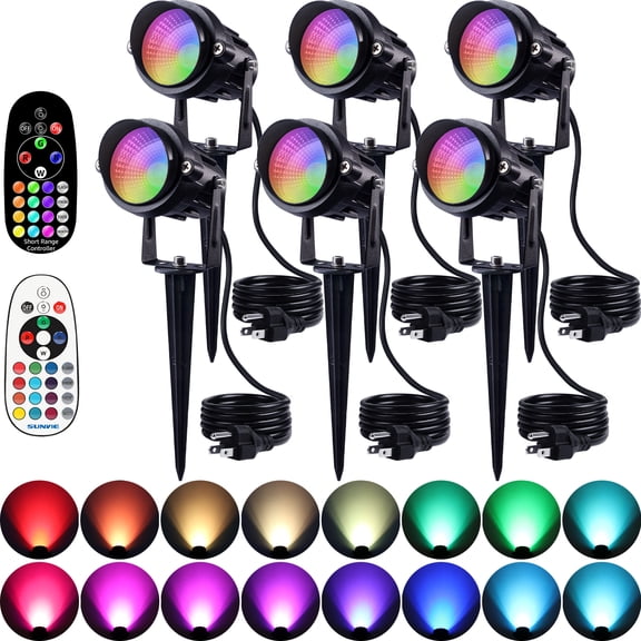 SUNVIE RGBW Christmas Spotlight Outdoor Color Changing LED Landscape Lighting 12W with Remote Control Waterproof for House Garden Decorative, 6 pack
