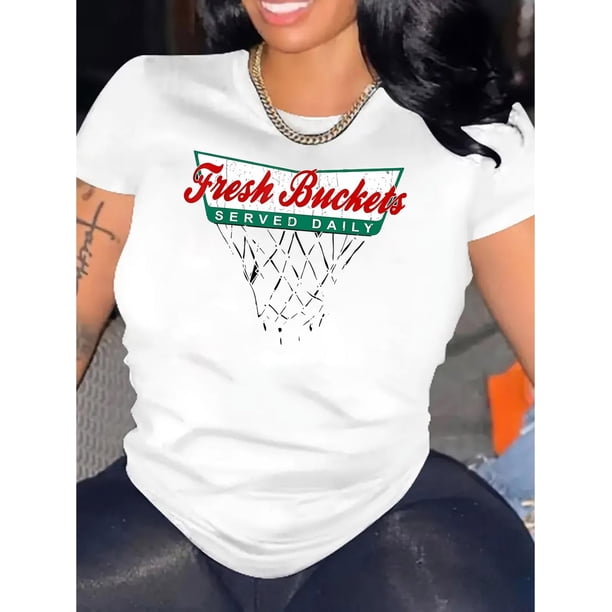Camiseta con estampado gráfico "Fresh Buckets Served Daily" para mujer, informal, de cuello redondo y manga corta, de algodón elástico, con diseño geométrico de aro de baloncesto, cómoda para todo el