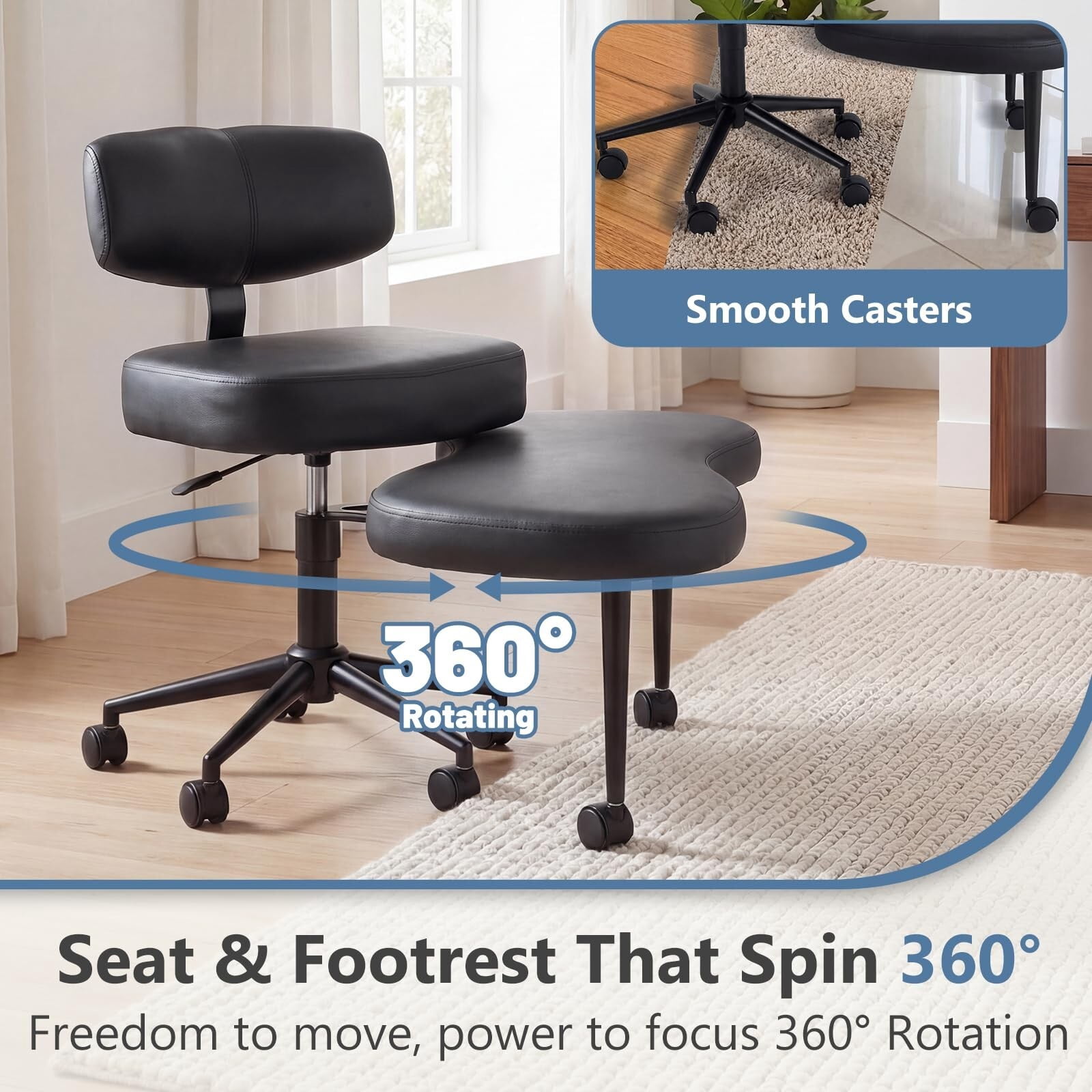 Kelno Cross Legged Meditation Chair with 360° Swivel Footrest Adjustable Backrest Ergonomic PU Leather Office Chair, Black